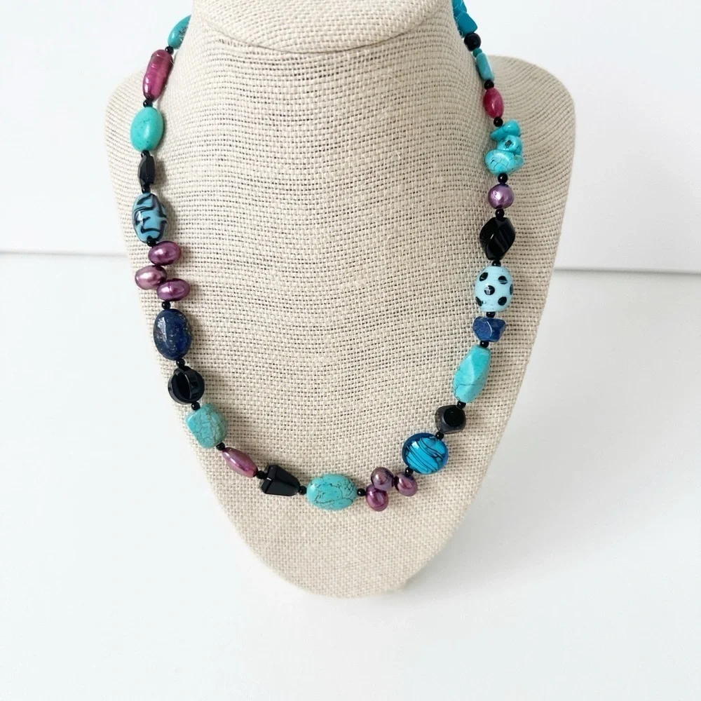 NWT Genuine Turquoise, Lapis, Black Onyx, Murano Glass & Pearls Necklace Blue